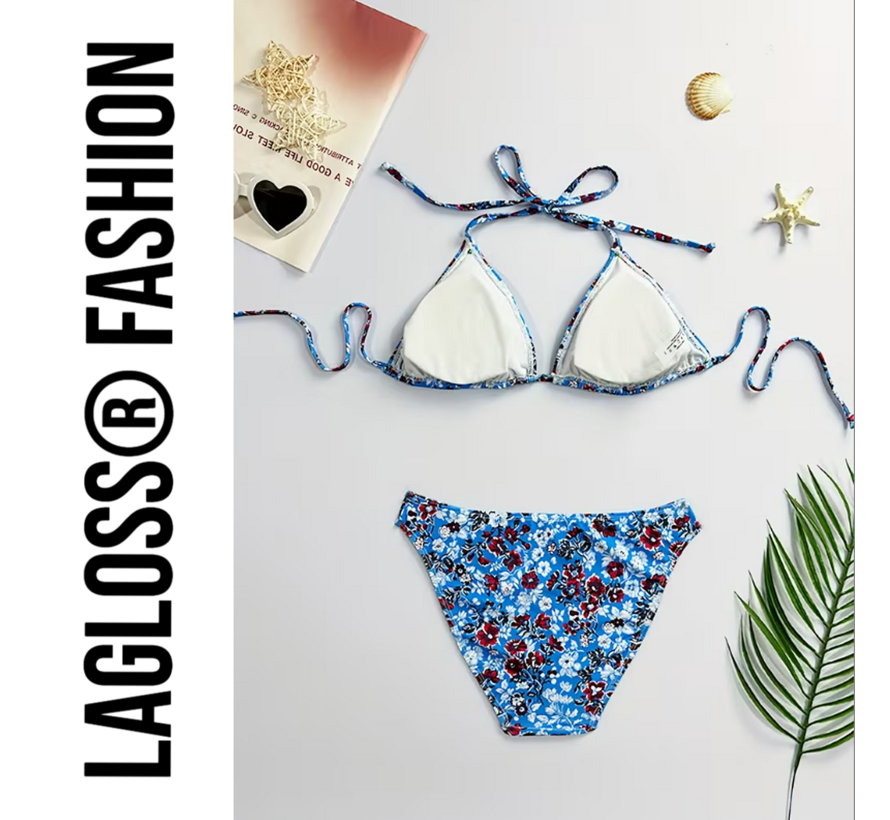 LaGloss® 2-Delige Bikini Set Blauwe Bloemen Dames – Triangel Halter Badpak – Zomermode – Beach Fashion – Maat XL