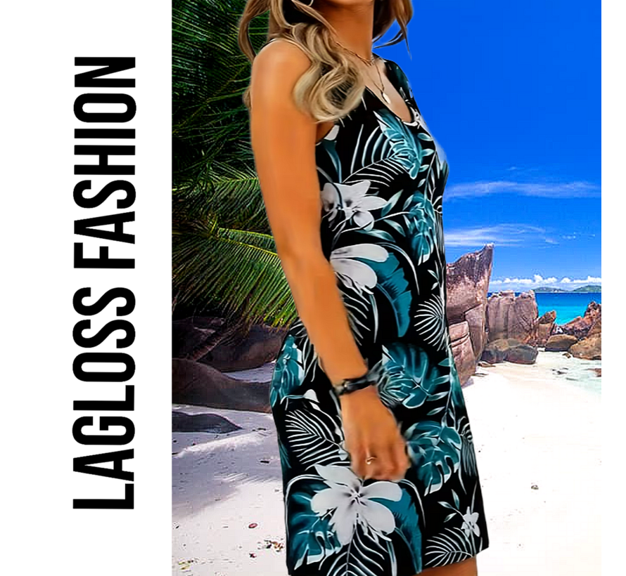 LaGloss® Zwarte Zomerjurk Dames met Tropische Bloemenprint – Mouwloze Strandjurk – Losvallend – Maat L