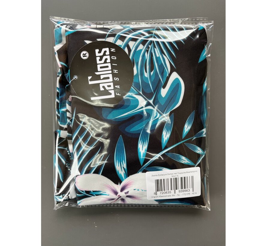 LaGloss® Zwarte Zomerjurk Dames met Tropische Bloemenprint – Mouwloze Strandjurk – Losvallend – Maat XL