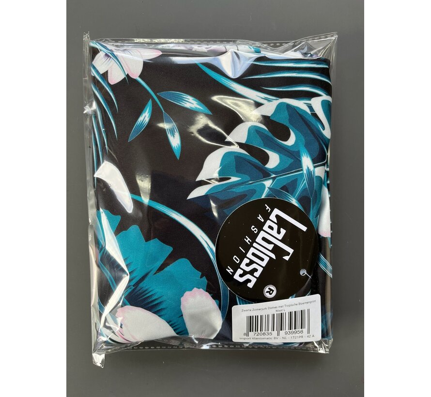 LaGloss® Zwarte Zomerjurk Dames met Tropische Bloemenprint – Mouwloze Strandjurk – Losvallend – Maat L