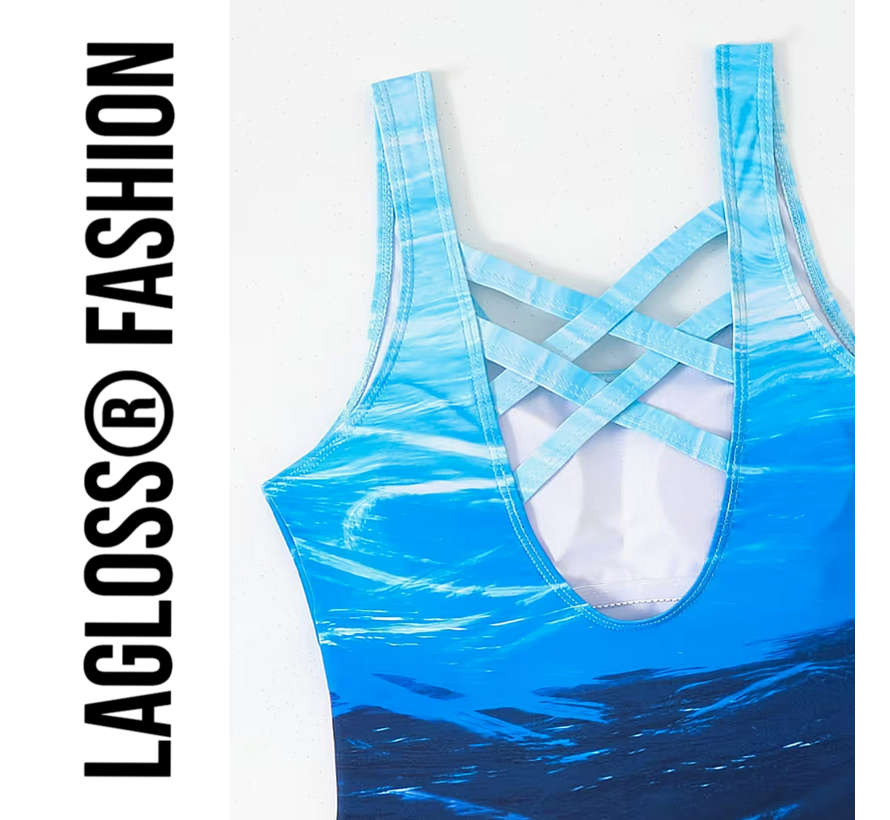 LaGloss® Eendelig Oceaan Blauw Gradient Badpak Dames – Sportief - Zwempak met Kruisbandjes – Beach Fashion – Strandmode – Maat M