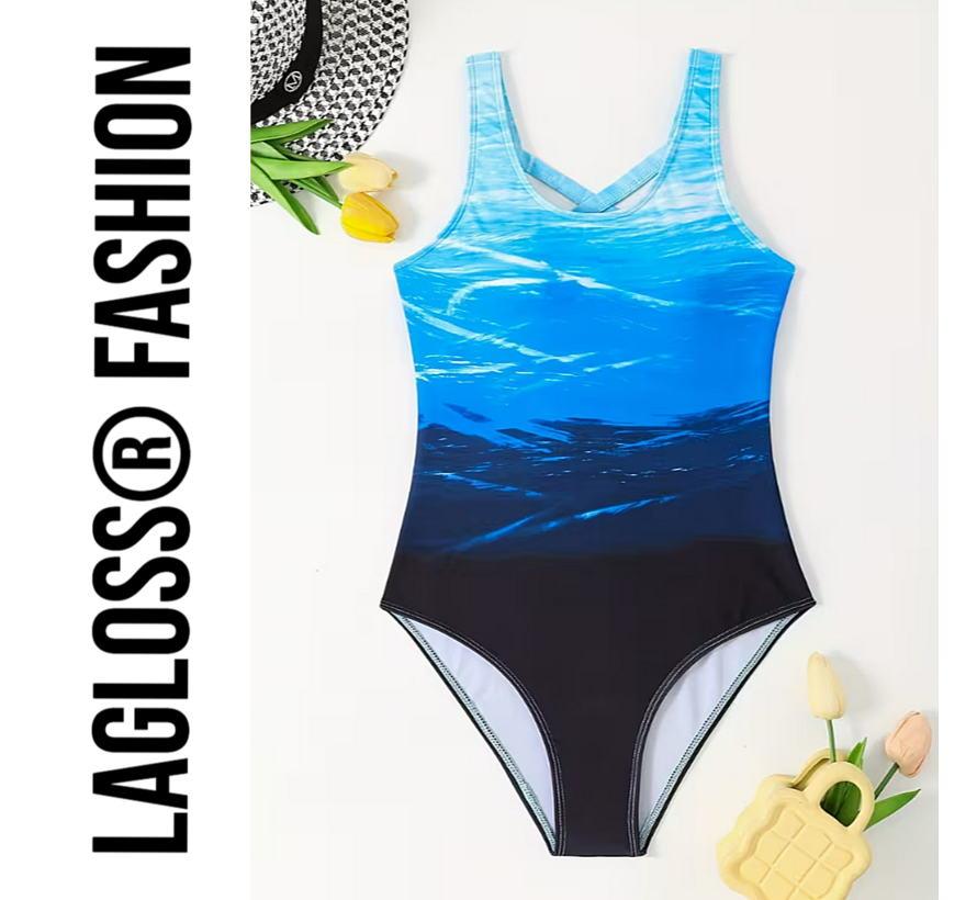 LaGloss® Eendelig Oceaan Blauw Gradient Badpak Dames – Sportief - Zwempak met Kruisbandjes – Beach Fashion – Strandmode – Maat L