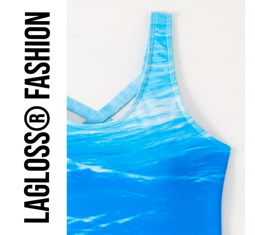 LaGloss® Eendelig Oceaan Blauw Gradient Badpak Dames – Sportief - Zwempak met Kruisbandjes – Beach Fashion – Strandmode – Maat L