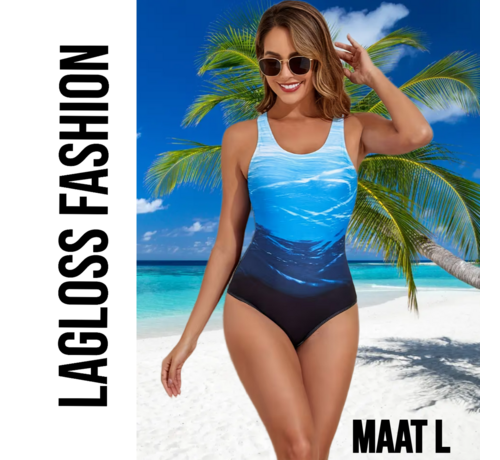 LaGloss LaGloss® Eendelig Oceaan Blauw Gradient Badpak Dames – Sportief - Zwempak met Kruisbandjes – Beach Fashion – Strandmode – Maat L