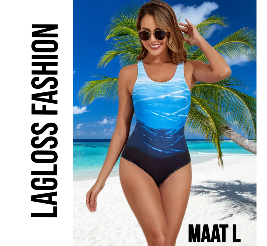 LaGloss® Eendelig Oceaan Blauw Gradient Badpak Dames – Sportief - Zwempak met Kruisbandjes – Beach Fashion – Strandmode – Maat L
