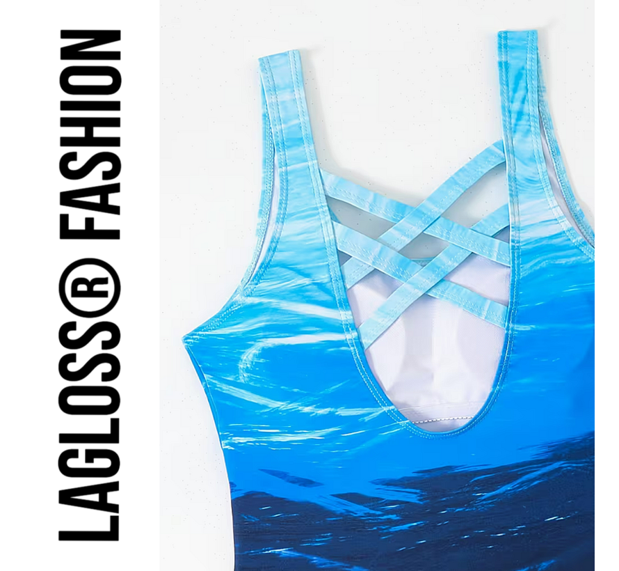 LaGloss® Eendelig Oceaan Blauw Gradient Badpak Dames – Sportief - Zwempak met Kruisbandjes – Beach Fashion – Strandmode – Maat XL