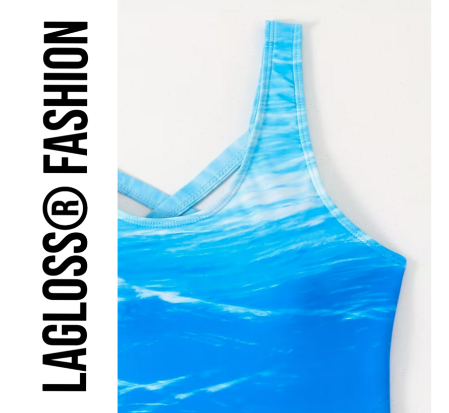 LaGloss® Eendelig Oceaan Blauw Gradient Badpak Dames – Sportief - Zwempak met Kruisbandjes – Beach Fashion – Strandmode – Maat XL