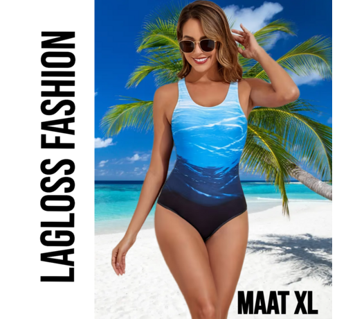 LaGloss LaGloss® Eendelig Oceaan Blauw Gradient Badpak Dames – Sportief - Zwempak met Kruisbandjes – Beach Fashion – Strandmode – Maat XL