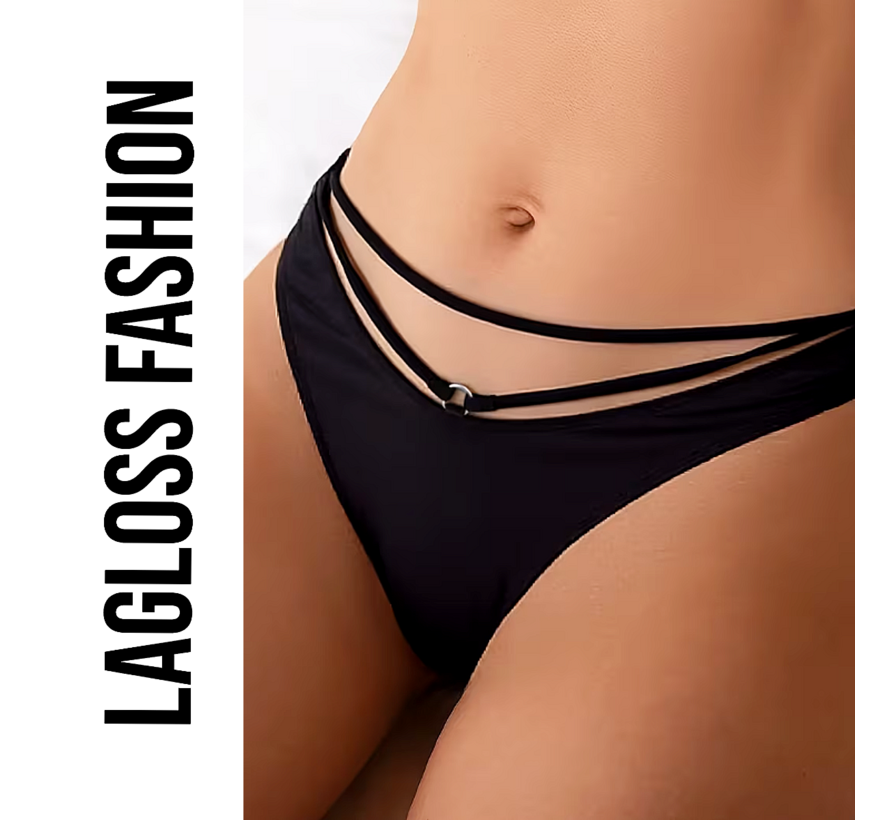 LaGloss® 2-delig Zwarte Halter Bikini Set Dames met Strappy Broekje – V-Hals – Strandmode – Beach Fashion – Maat M