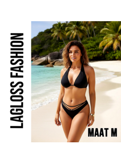 LaGloss 2-delig Zwarte Halter Bikini Set Dames met Strappy Broekje – Maat M