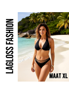LaGloss 2-delig Zwarte Halter Bikini Set Dames met Strappy Broekje – Maat XL