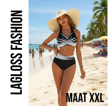 LaGloss 2-Delig Zwart-Witte Dames Bikini Set V-Hals – Maat XXL