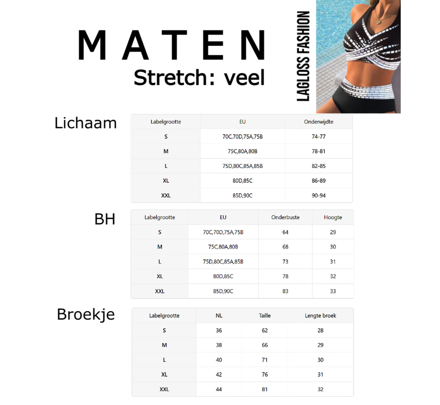 LaGloss® 2-Delig Zwart-Witte Dames Bikini Set V-Hals – Hoog Elastisch en Comfortabel - Zomer Strandoutfit - Hoge Stretch Zwemkleding – Maat XXL