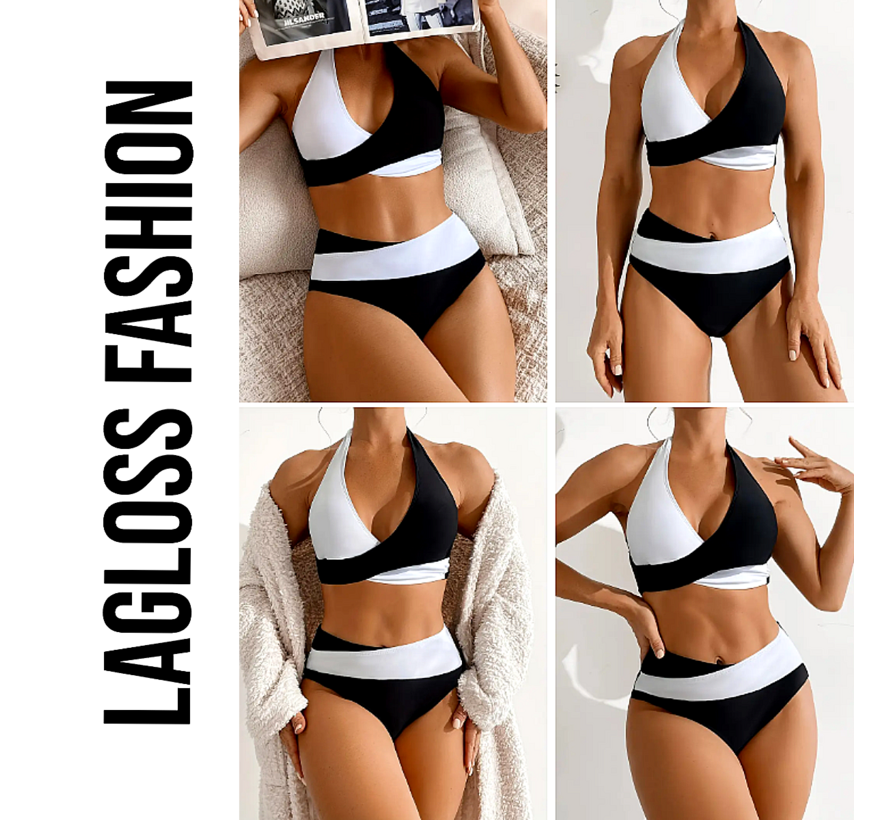 LaGloss® Stijlvolle Bikini Set Dames – Zwart Wit Design – Tweedelig & Hoog Gesneden – Maat XL