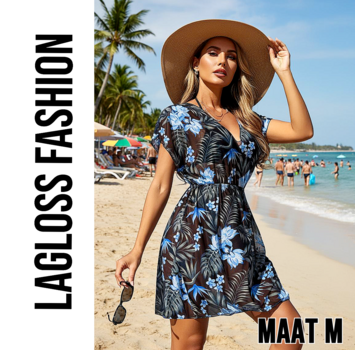 LaGloss Zomerse Dames Cover-Up Jurk met Blauwe Bloemenprint – Maat M