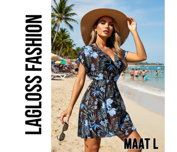 LaGloss Zomerse Dames Cover-Up Jurk met Blauwe Bloemenprint – Maat L