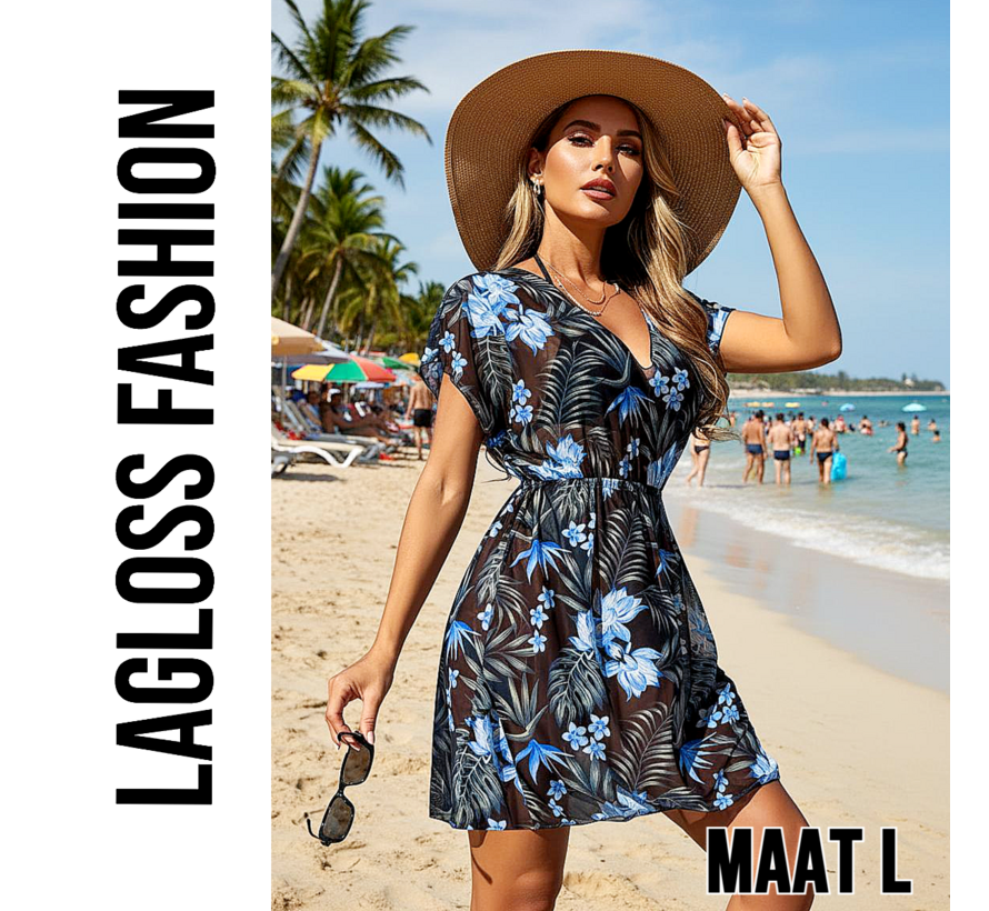 LaGloss® Zomerse Dames Cover-Up Jurk met Blauwe Bloemenprint Strandjurk – Zomermode – Strandmode – Beach Fashion – Maat L