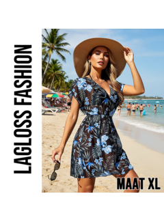 LaGloss Zomerse Dames Cover-Up Jurk met Blauwe Bloemenprint – Maat XL
