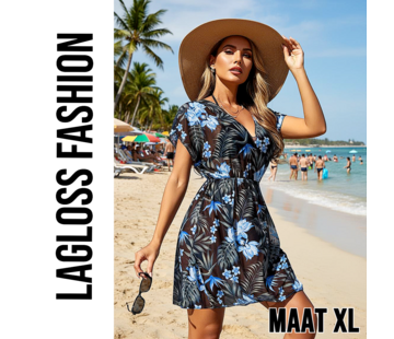 LaGloss Zomerse Dames Cover-Up Jurk met Blauwe Bloemenprint – Maat XL