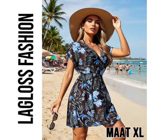 LaGloss LaGloss® Zomerse Dames Cover-Up Jurk met Blauwe Bloemenprint Strandjurk – Zomermode – Strandmode – Beach Fashion – Maat XL