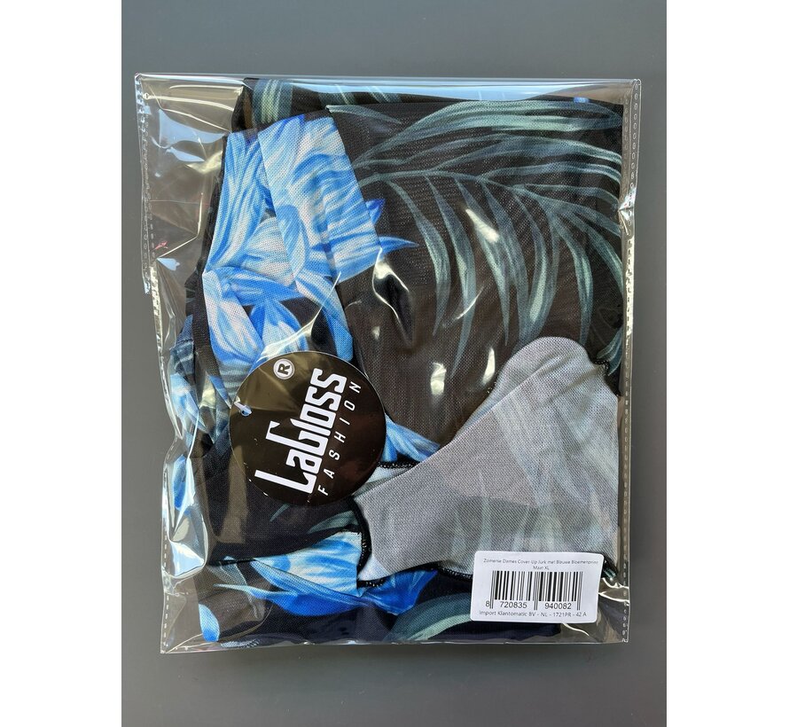 LaGloss® Zomerse Dames Cover-Up Jurk met Blauwe Bloemenprint Strandjurk – Zomermode – Strandmode – Beach Fashion – Maat XL