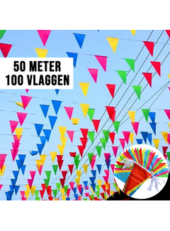 Allernieuwste.nl® 50 Meter Veelkleurige Vlaggenlijn Driehoekige Nylon Stoffen Slinger 100 Vlaggen