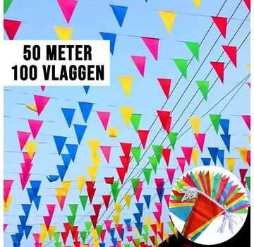 Allernieuwste.nl® 50 Meter Veelkleurige Vlaggenlijn Driehoekige Nylon Stoffen Slinger 100 Vlaggen