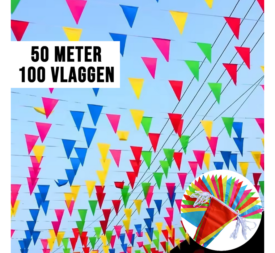 50 Meter Veelkleurige Vlaggenlijn Driehoekige Nylon Stoffen Slinger 100 Vlaggen - Binnen & Buiten