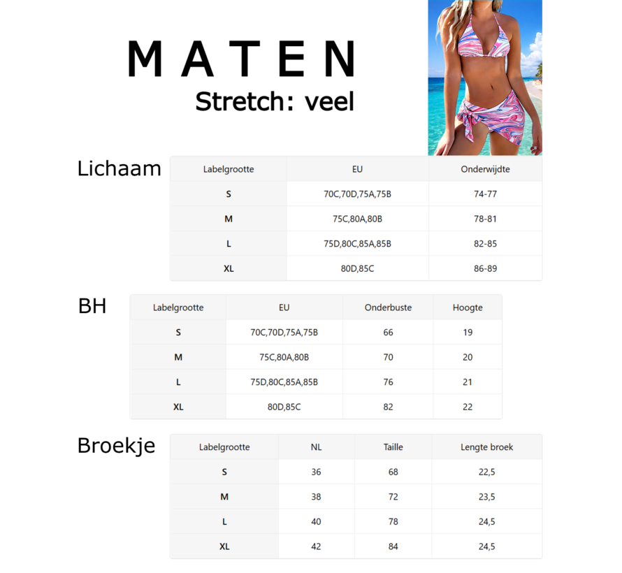 LaGloss® 3-delige Tie Dye Marmer Bikini Set Dames Roze met Pareo Wrap Rok – Strand mode – Beach Fashion – Maat S