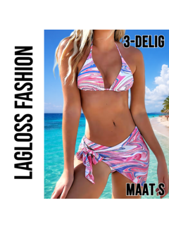 LaGloss 3-delige Tie Dye Marmer Bikini Set Roze met Wrap Rok – Maat S