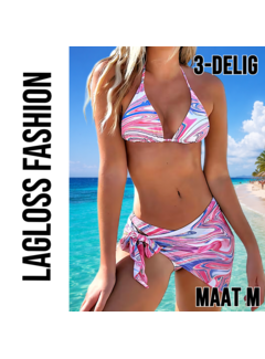 LaGloss 3-delige Tie Dye Marmer Bikini Set Roze met Wrap Rok – Maat M