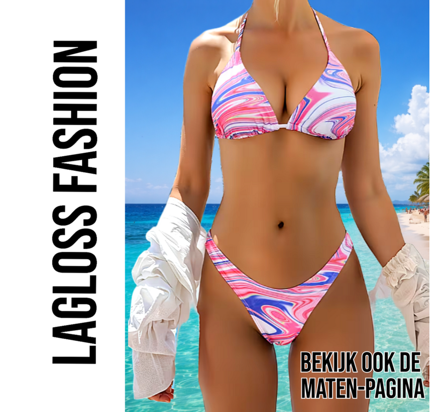 LaGloss® 3-delige Tie Dye Marmer Bikini Set Dames Roze met Pareo Wrap Rok – Strand mode – Beach Fashion – Maat S