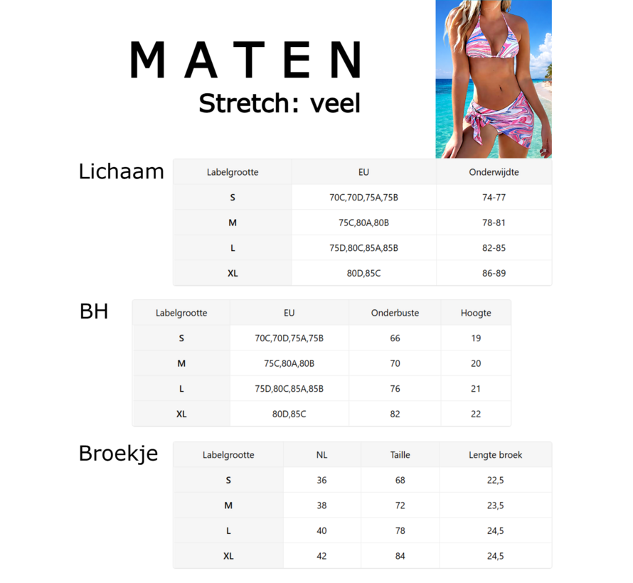 LaGloss® 3-delige Tie Dye Marmer Bikini Set Dames Roze met Pareo Wrap Rok – Strand mode – Beach Fashion – Maat XL