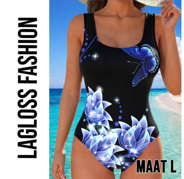 LaGloss Eendelig Dames Badpak Blauw Vlinderprint – Maat L
