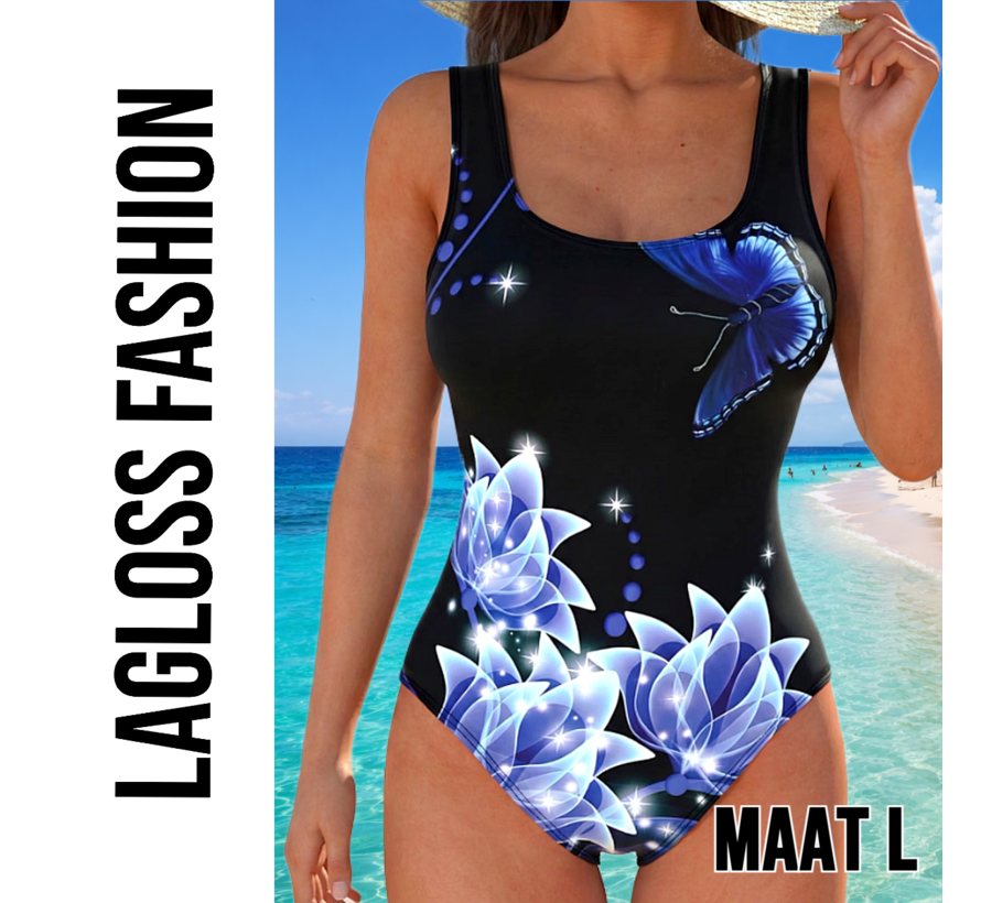 LaGloss® Eendelig Dames Badpak Blauw Vlinderprint – Zwempak met Uitneembare Cups – Beach Fashion – Strandmode – Maat L