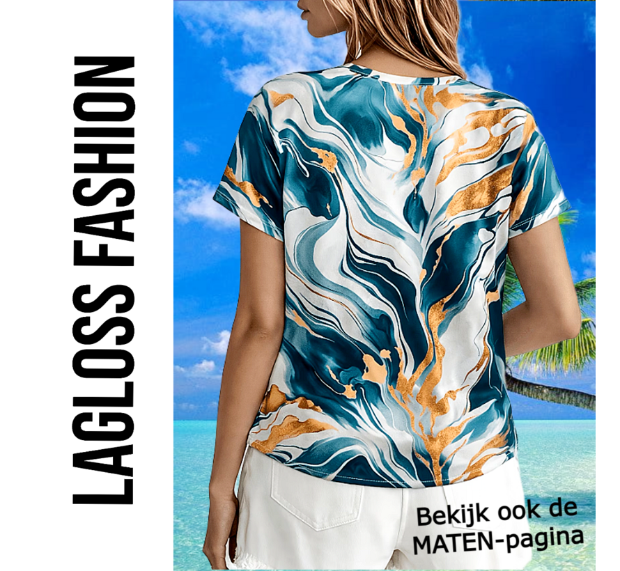 LaGloss® Dames Zomerse Marmerprint Blouse Top Shirt met V-hals – Elegante Casual Top Korte Mouw – Blauw-Wit – Maat S