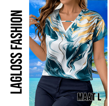 LaGloss Dames Zomerse Marmerprint Blouse Top met V-hals – Maat L