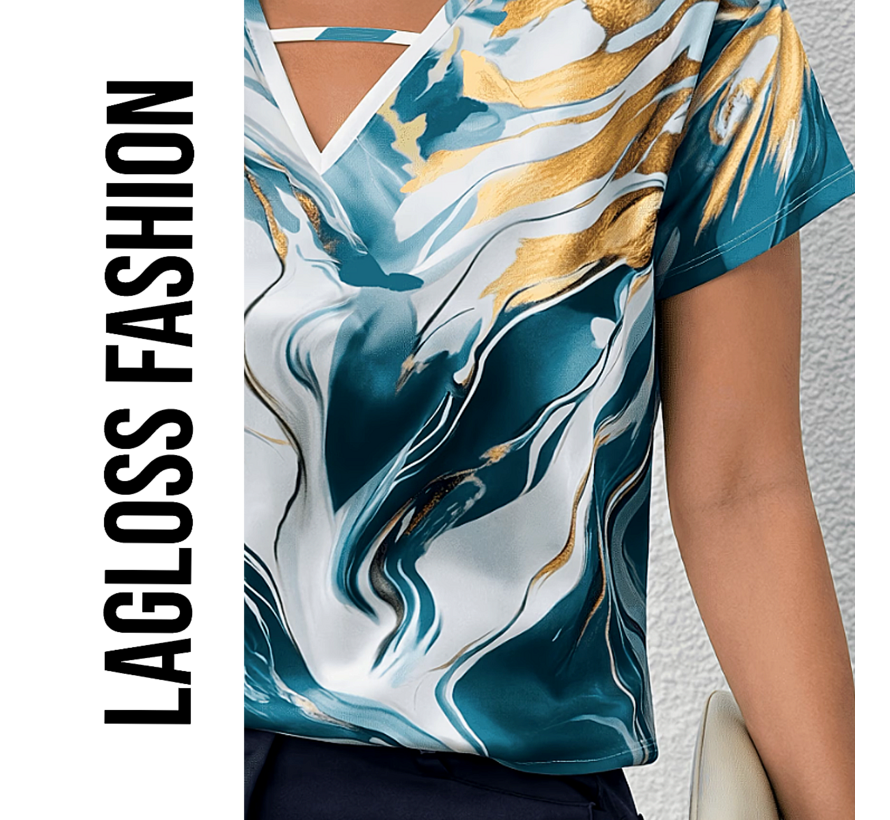 LaGloss® Dames Zomerse Marmerprint Blouse Top Shirt met V-hals – Elegante Casual Top Korte Mouw – Blauw-Wit – Maat XL
