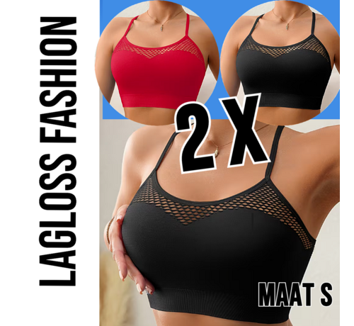 LaGloss LaGloss® 2 Stuks Mesh Tanktops Zwart & Rood – Opengewerkt Festival Vakantie Top Dames Stretch – Ademend – Maat S