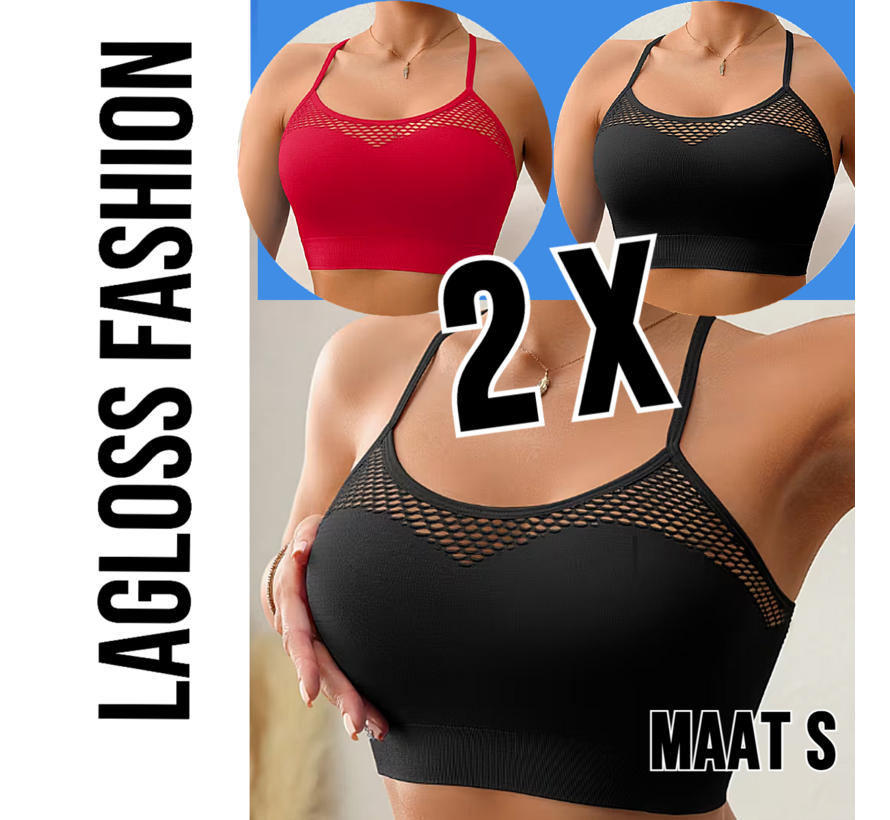 LaGloss® 2 Stuks Mesh Tanktops Zwart & Rood – Opengewerkt Festival Vakantie Top Dames Stretch – Ademend – Maat S