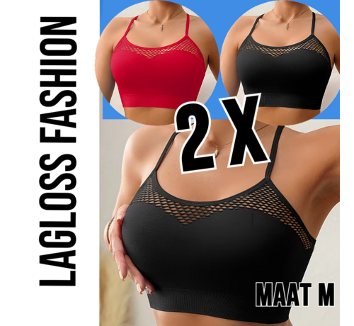LaGloss LaGloss® 2 Stuks Mesh Tanktops Zwart & Rood – Opengewerkt Festival Vakantie Top Dames Stretch – Ademend – Maat M