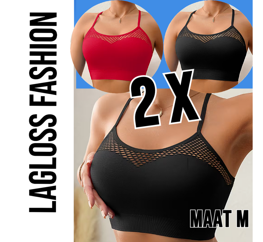LaGloss® 2 Stuks Mesh Tanktops Zwart & Rood – Opengewerkt Festival Vakantie Top Dames Stretch – Ademend – Maat M