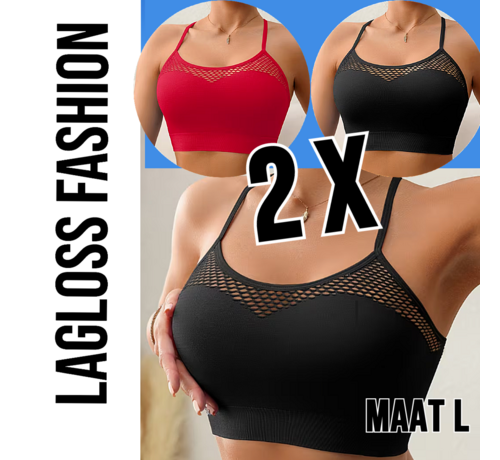 LaGloss LaGloss® 2 Stuks Mesh Tanktops Zwart & Rood – Opengewerkt Festival Vakantie Top Dames Stretch – Ademend – Maat L