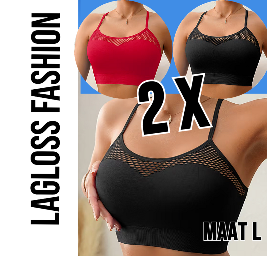 LaGloss® 2 Stuks Mesh Tanktops Zwart & Rood – Opengewerkt Festival Vakantie Top Dames Stretch – Ademend – Maat L