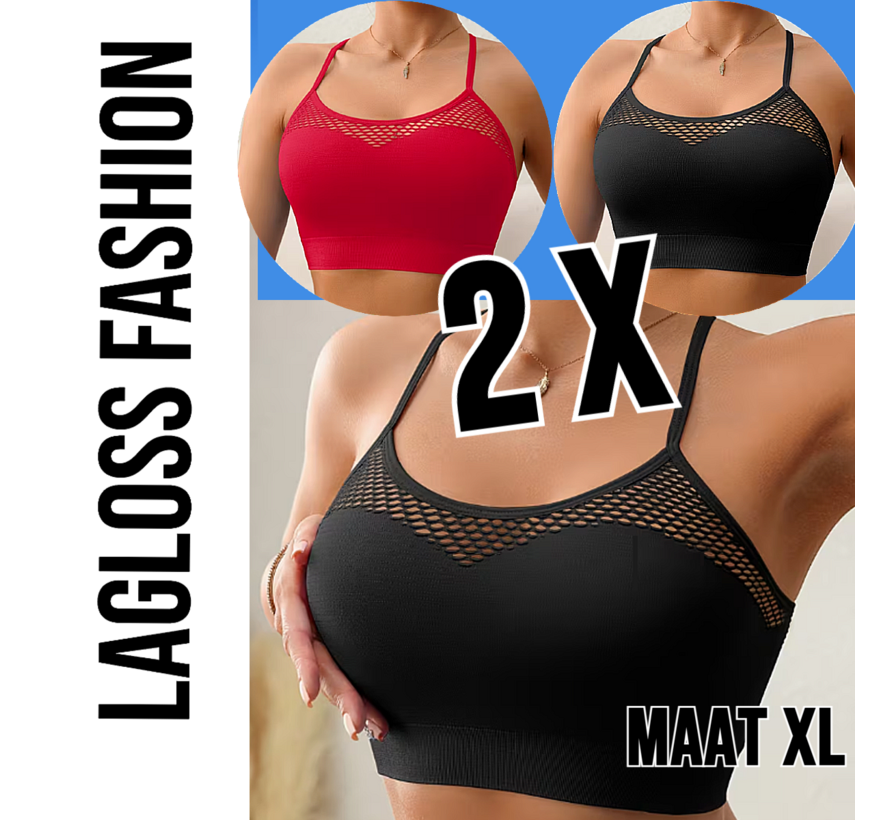 LaGloss® 2 Stuks Mesh Tanktops Zwart & Rood – Opengewerkt Festival Vakantie Top Dames Stretch – Ademend – Maat XL