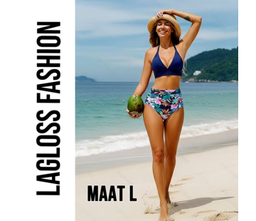 LaGloss 2-delig Dames High Waist Bikini Set Donkerblauw met Tropische Bloemenprint – Maat L