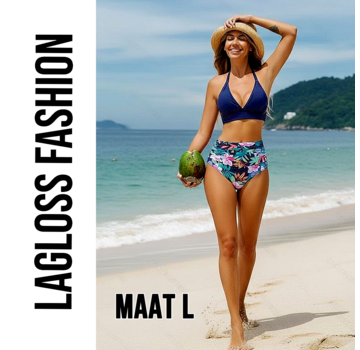 LaGloss 2-delig Dames High Waist Bikini Set Donkerblauw met Tropische Bloemenprint – Maat L