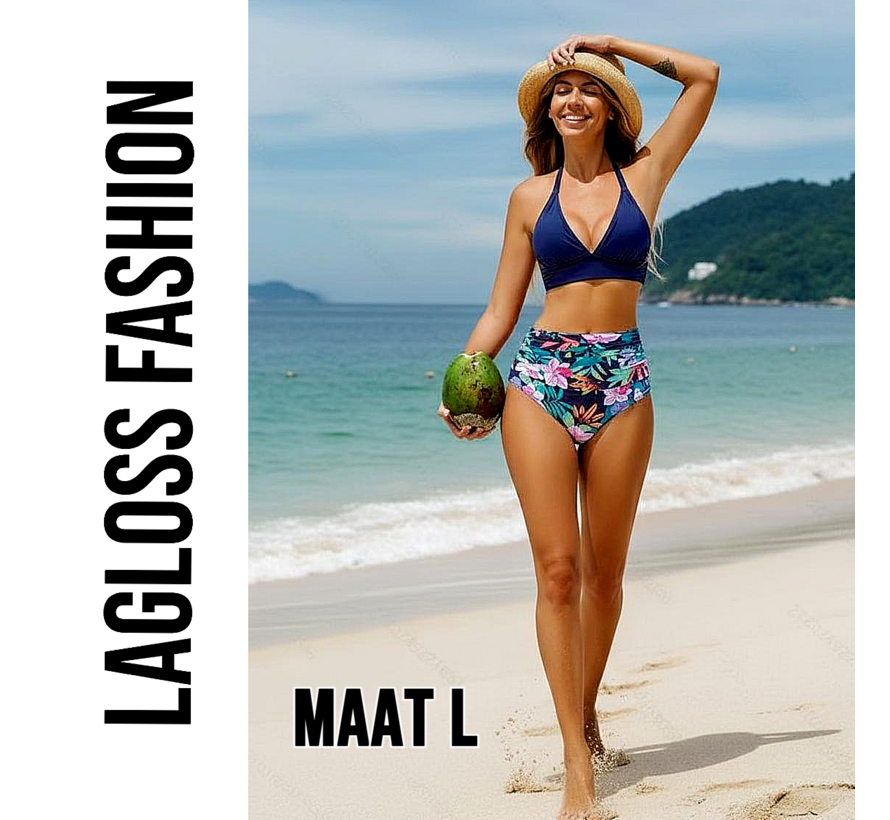 LaGloss® 2-delig Dames High Waist Bikini Set Donkerblauw met Tropische Bloemenprint – Beach Fashion – Zomermode – Maat L