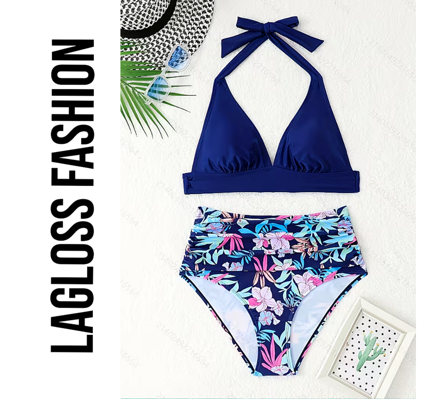 LaGloss® 2-delig Dames High Waist Bikini Set Donkerblauw met Tropische Bloemenprint – Beach Fashion – Zomermode – Maat XL