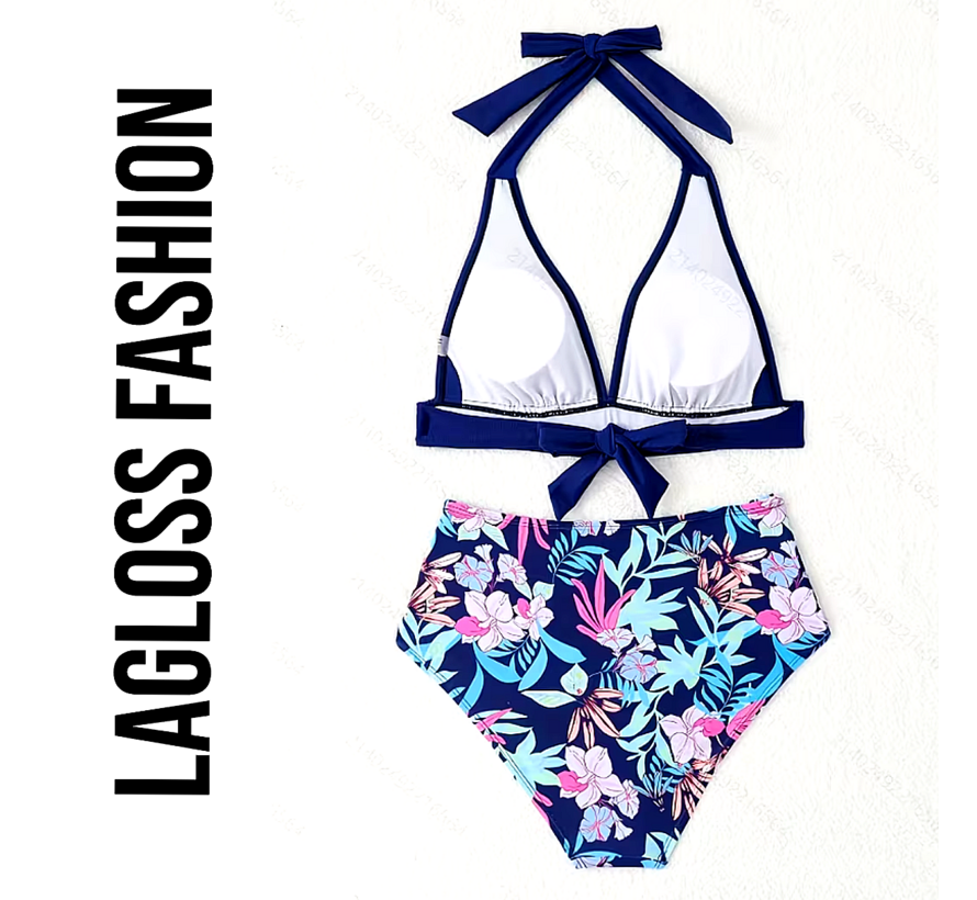 LaGloss® 2-delig Dames High Waist Bikini Set Donkerblauw met Tropische Bloemenprint – Beach Fashion – Zomermode – Maat XL